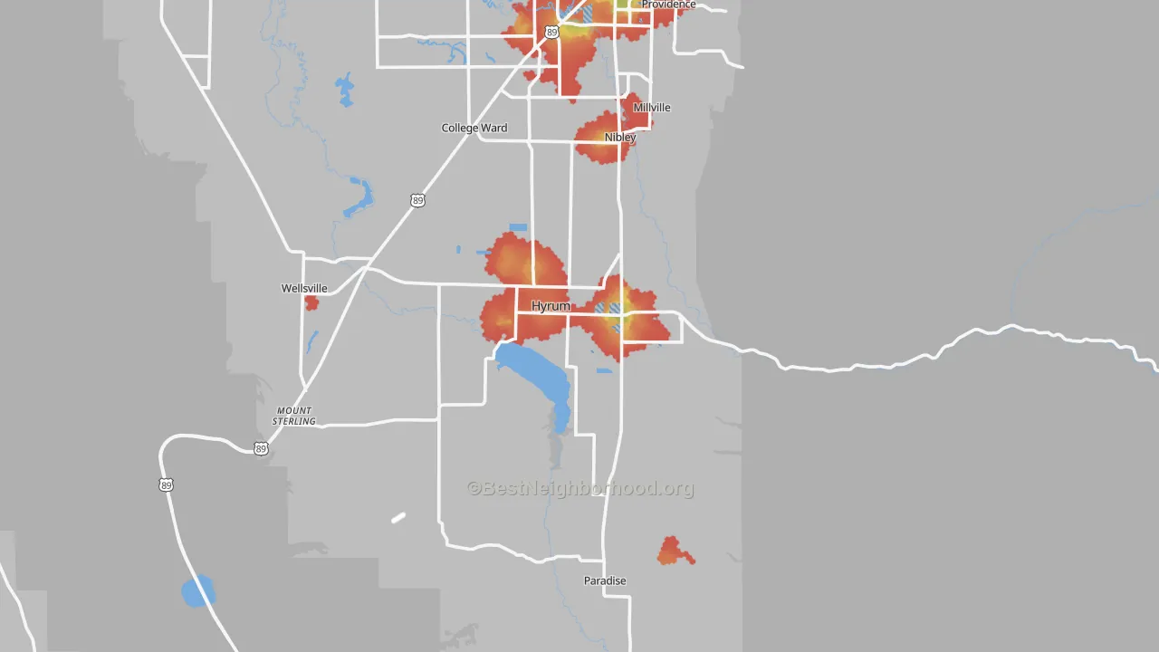 Walk Grade map of 84319, UT, walkable areas in green and car-dependent areas in red