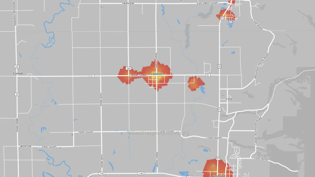 Walk Grade map of 84320, UT, walkable areas in green and car-dependent areas in red