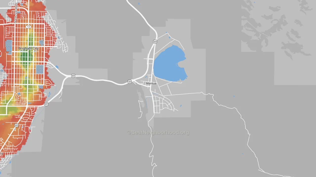 Walk Grade map of 84324, UT, walkable areas in green and car-dependent areas in red