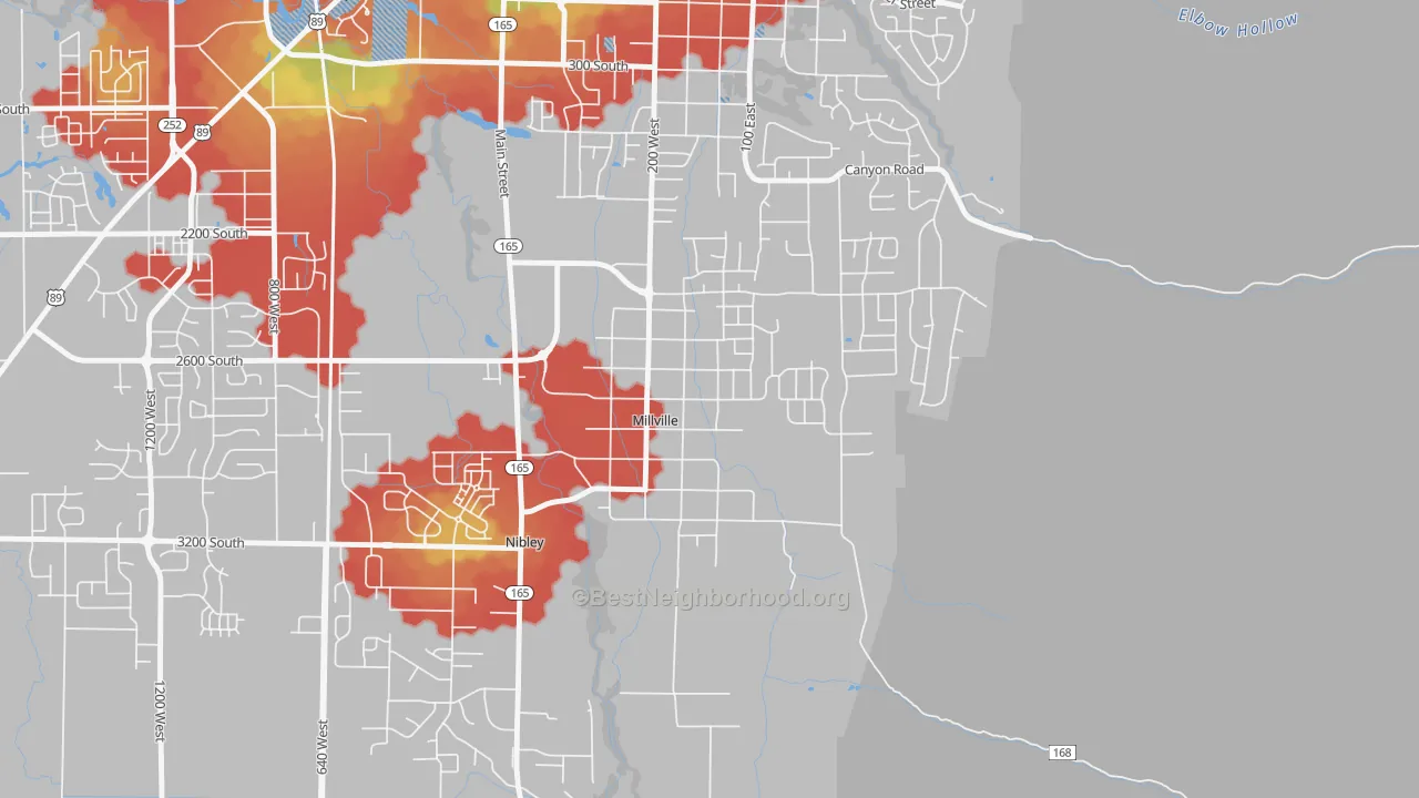 Walk Grade map of 84326, UT, walkable areas in green and car-dependent areas in red