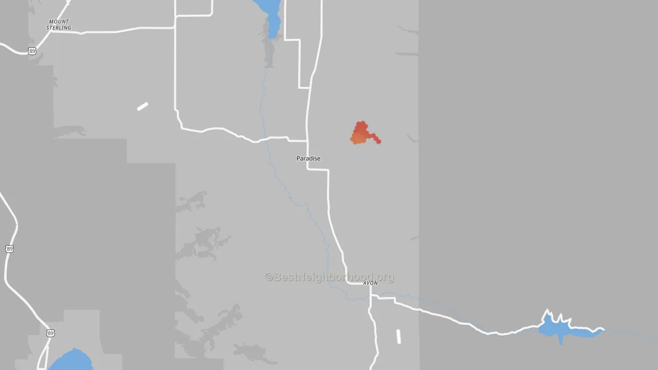 Walk Grade map of 84328, UT, walkable areas in green and car-dependent areas in red