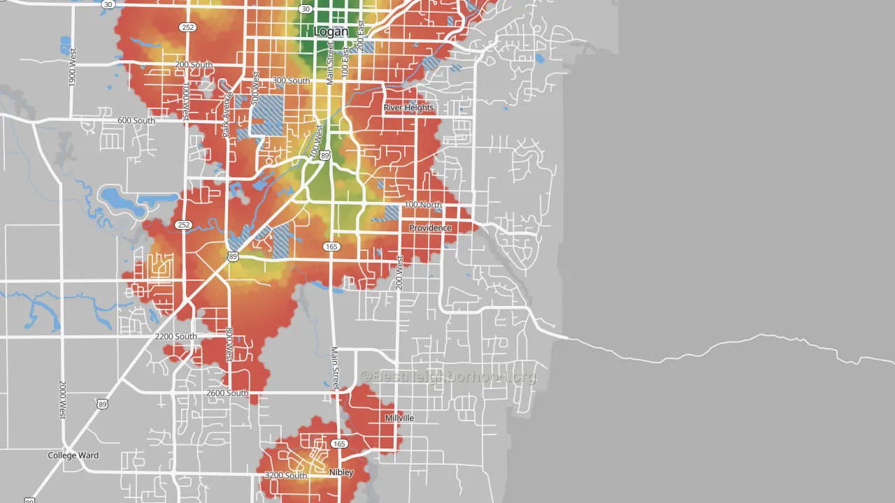 Walk Grade map of 84332, UT, walkable areas in green and car-dependent areas in red
