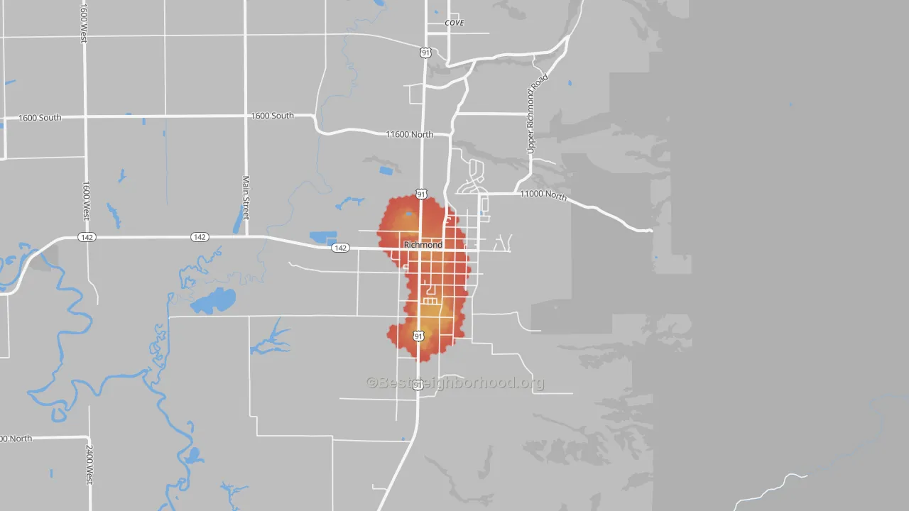 Walk Grade map of 84333, UT, walkable areas in green and car-dependent areas in red