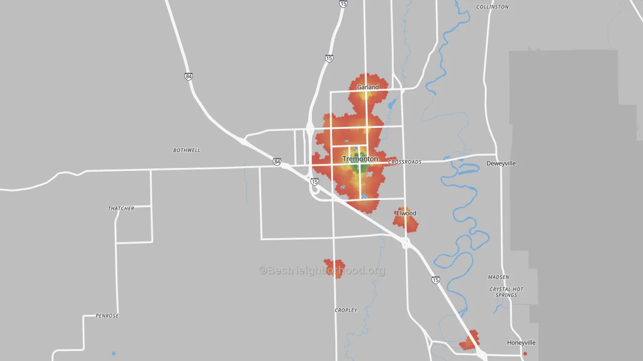 Walk Grade map of 84337, UT, walkable areas in green and car-dependent areas in red