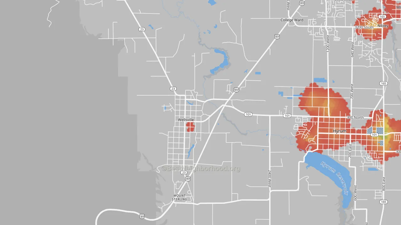 Walk Grade map of 84339, UT, walkable areas in green and car-dependent areas in red
