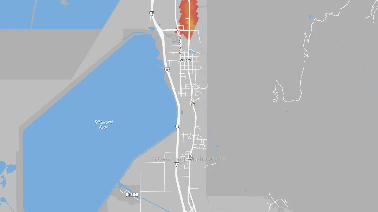 Walk Grade map of 84340, UT, walkable areas in green and car-dependent areas in red