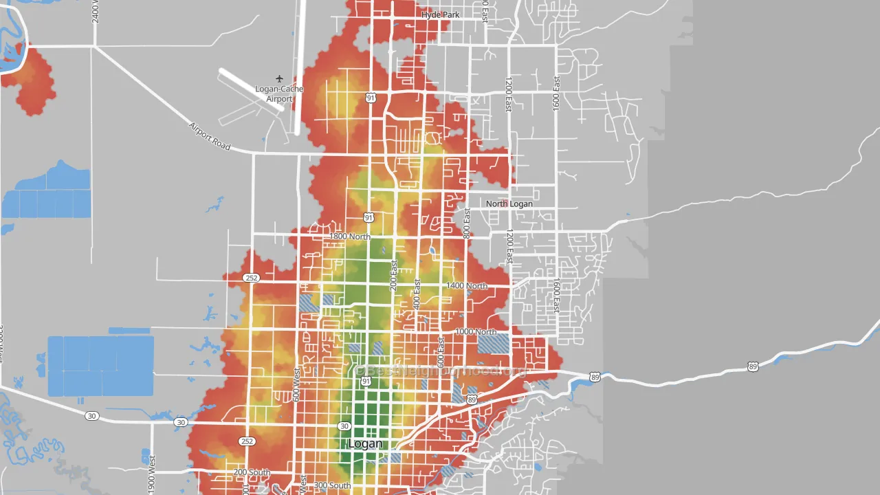Walk Grade map of 84341, UT, walkable areas in green and car-dependent areas in red