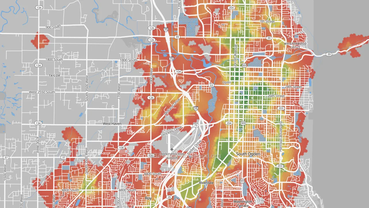 Walk Grade map of 84401, UT, walkable areas in green and car-dependent areas in red