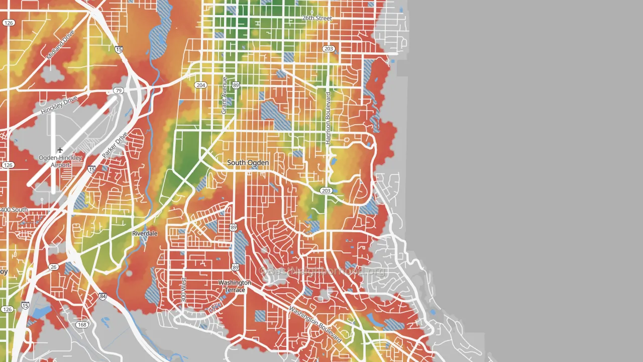 Walk Grade map of 84403, UT, walkable areas in green and car-dependent areas in red