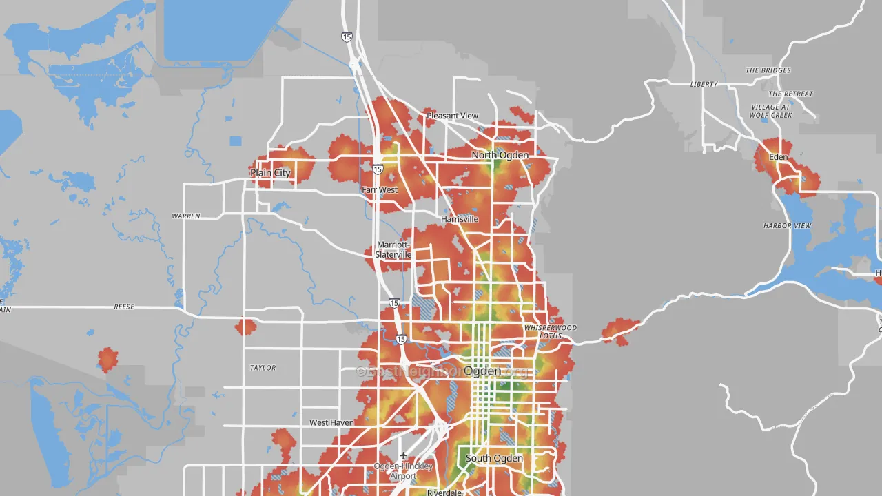 Walk Grade map of 84404, UT, walkable areas in green and car-dependent areas in red