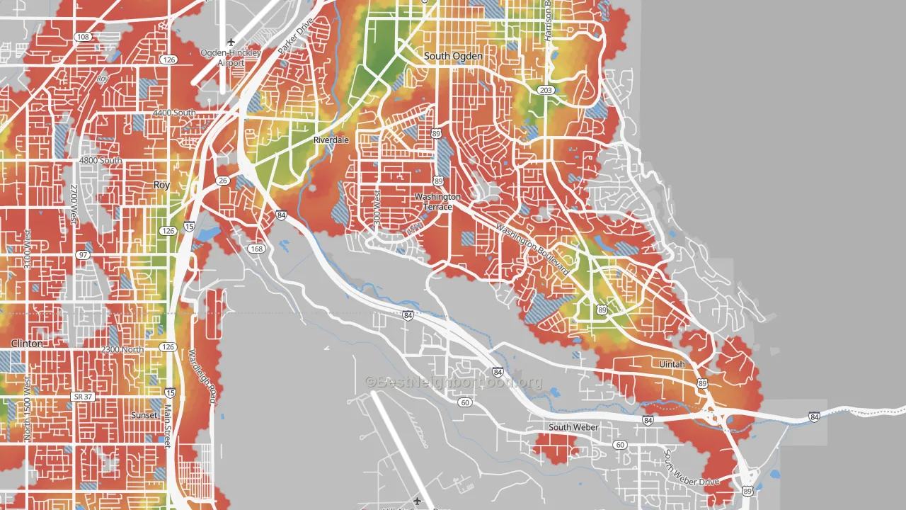 Walk Grade map of 84405, UT, walkable areas in green and car-dependent areas in red