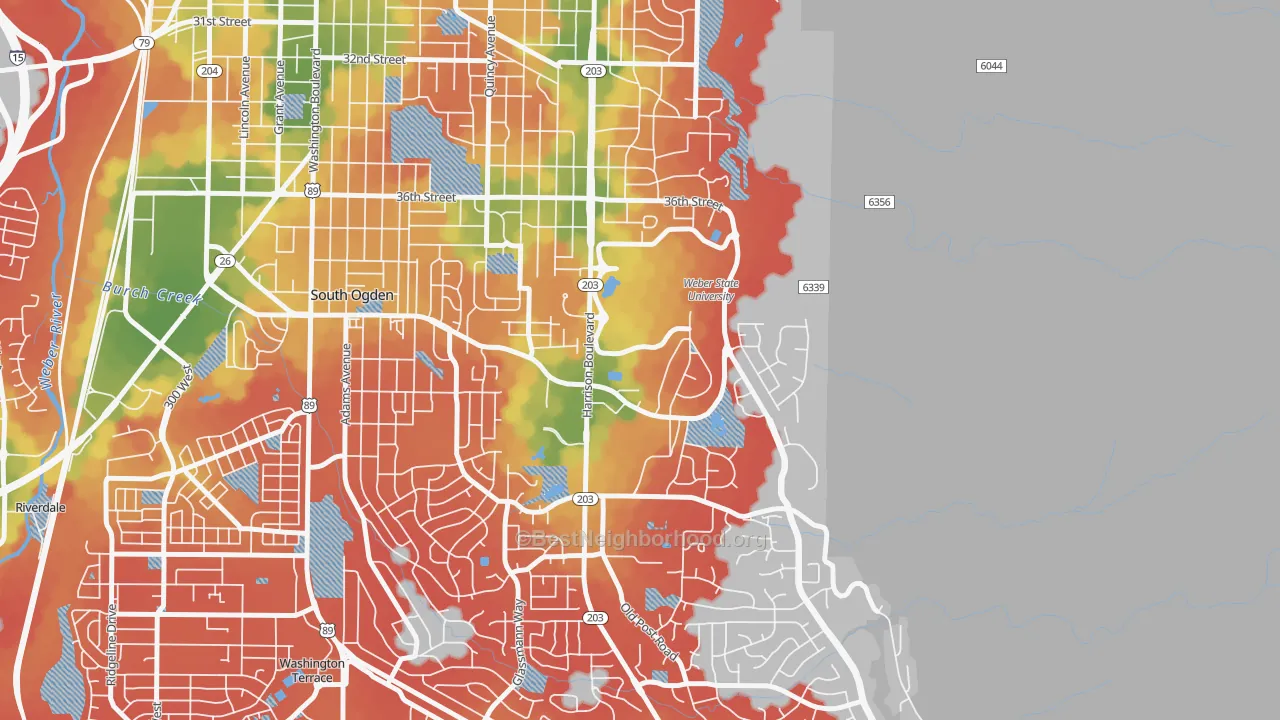 Walk Grade map of 84408, UT, walkable areas in green and car-dependent areas in red