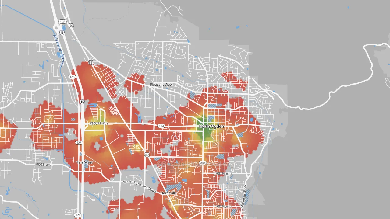 Walk Grade map of 84414, UT, walkable areas in green and car-dependent areas in red