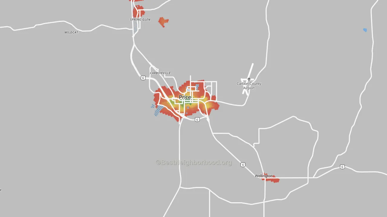 Walk Grade map of 84501, UT, walkable areas in green and car-dependent areas in red