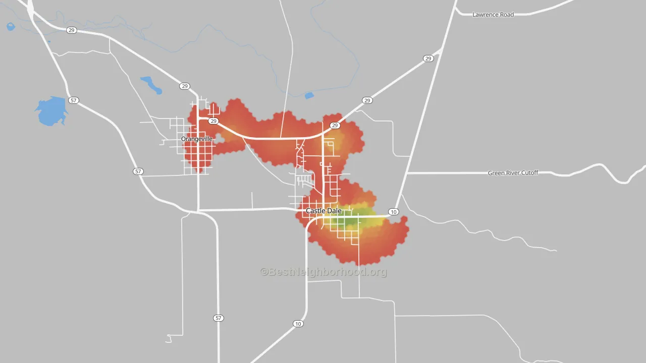Walk Grade map of 84513, UT, walkable areas in green and car-dependent areas in red
