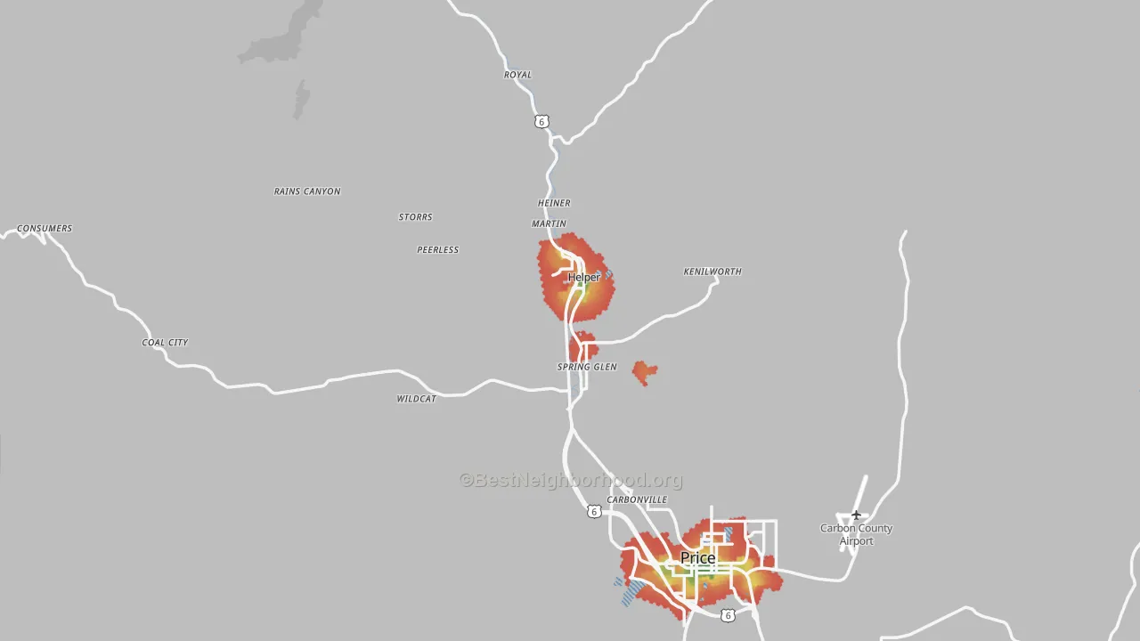 Walk Grade map of 84526, UT, walkable areas in green and car-dependent areas in red