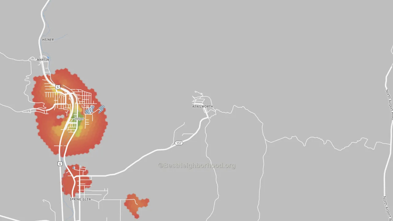 Walk Grade map of 84529, UT, walkable areas in green and car-dependent areas in red