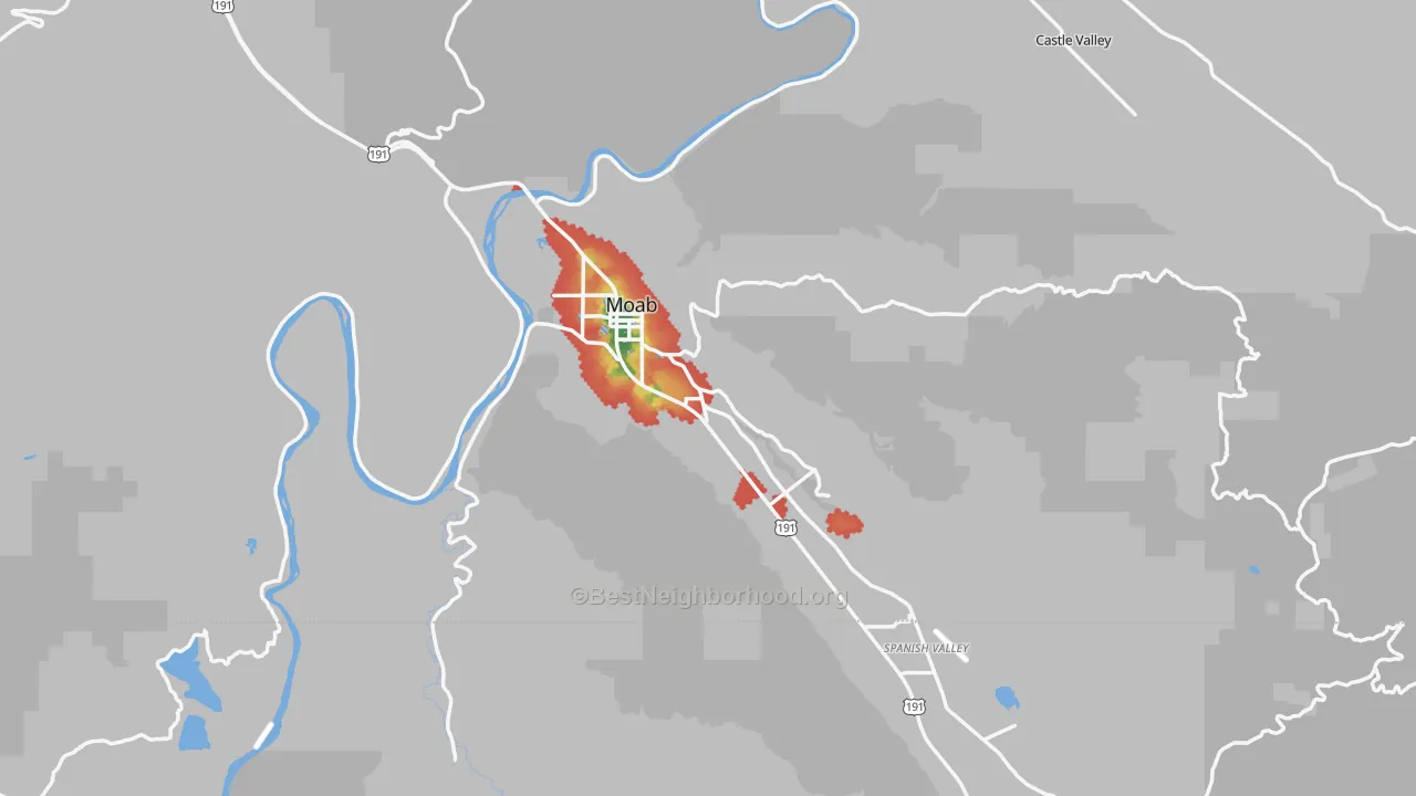 Walk Grade map of 84532, UT, walkable areas in green and car-dependent areas in red