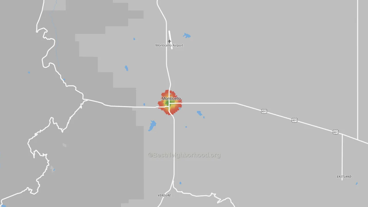 Walk Grade map of 84535, UT, walkable areas in green and car-dependent areas in red