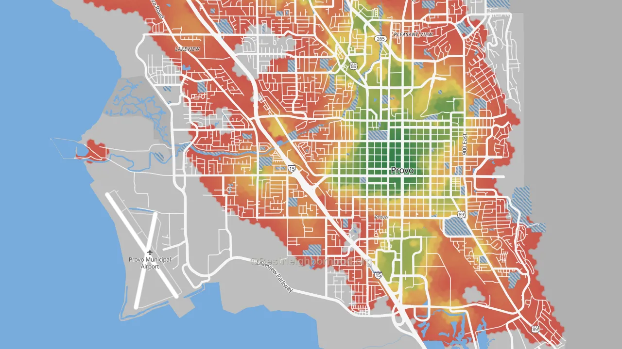 Walk Grade map of 84601, UT, walkable areas in green and car-dependent areas in red