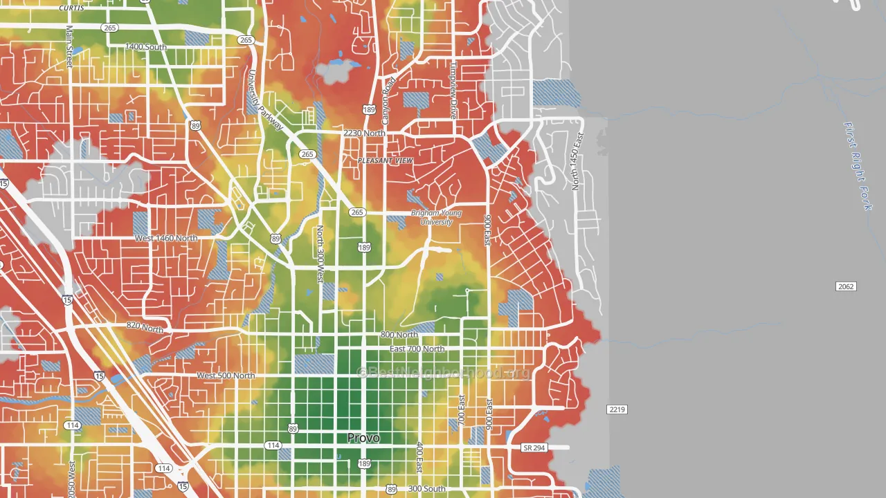 Walk Grade map of 84602, UT, walkable areas in green and car-dependent areas in red