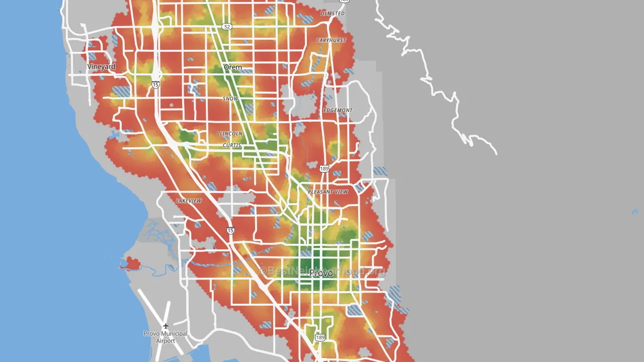 Walk Grade map of 84604, UT, walkable areas in green and car-dependent areas in red