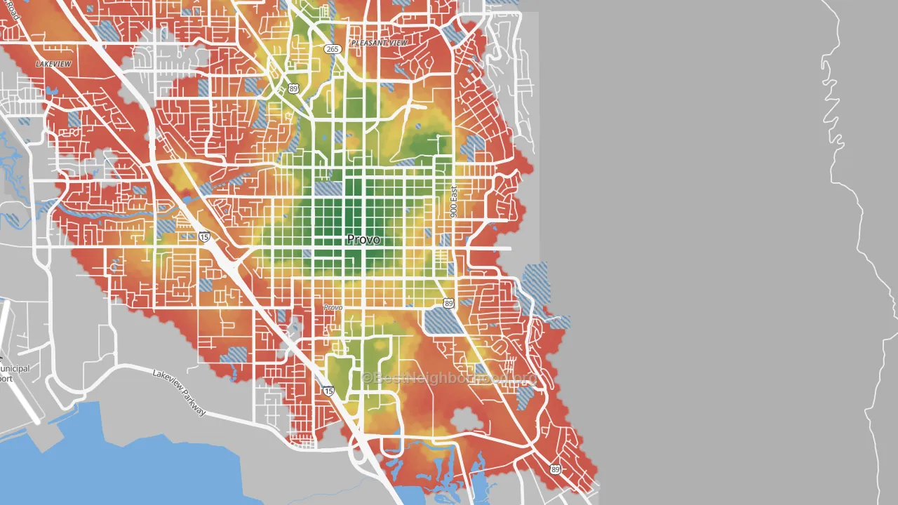 Walk Grade map of 84606, UT, walkable areas in green and car-dependent areas in red