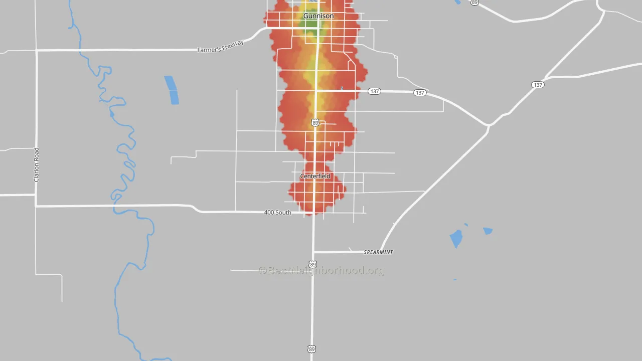 Walk Grade map of 84622, UT, walkable areas in green and car-dependent areas in red