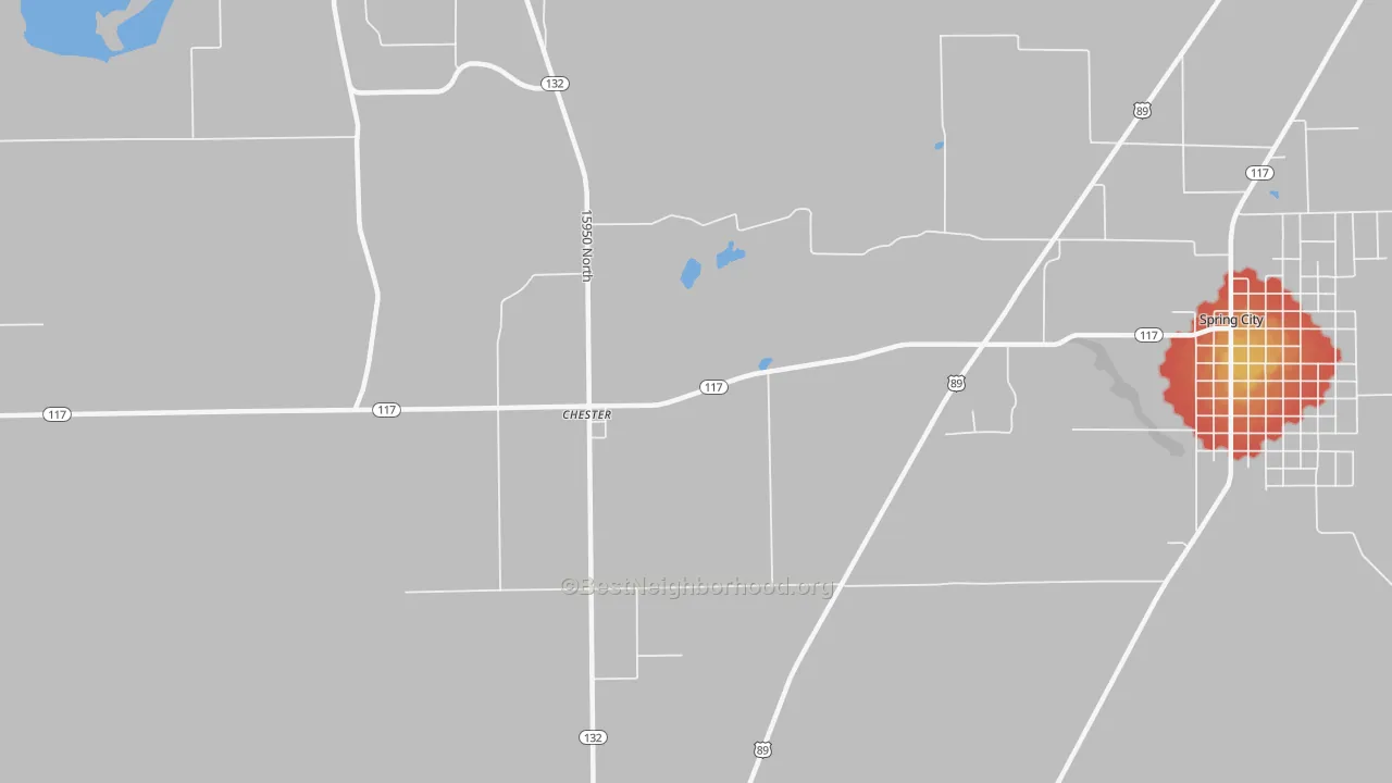 Walk Grade map of 84623, UT, walkable areas in green and car-dependent areas in red