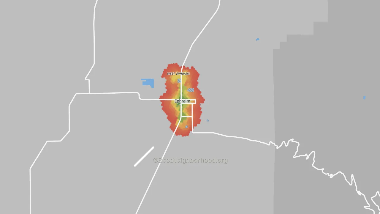 Walk Grade map of 84627, UT, walkable areas in green and car-dependent areas in red