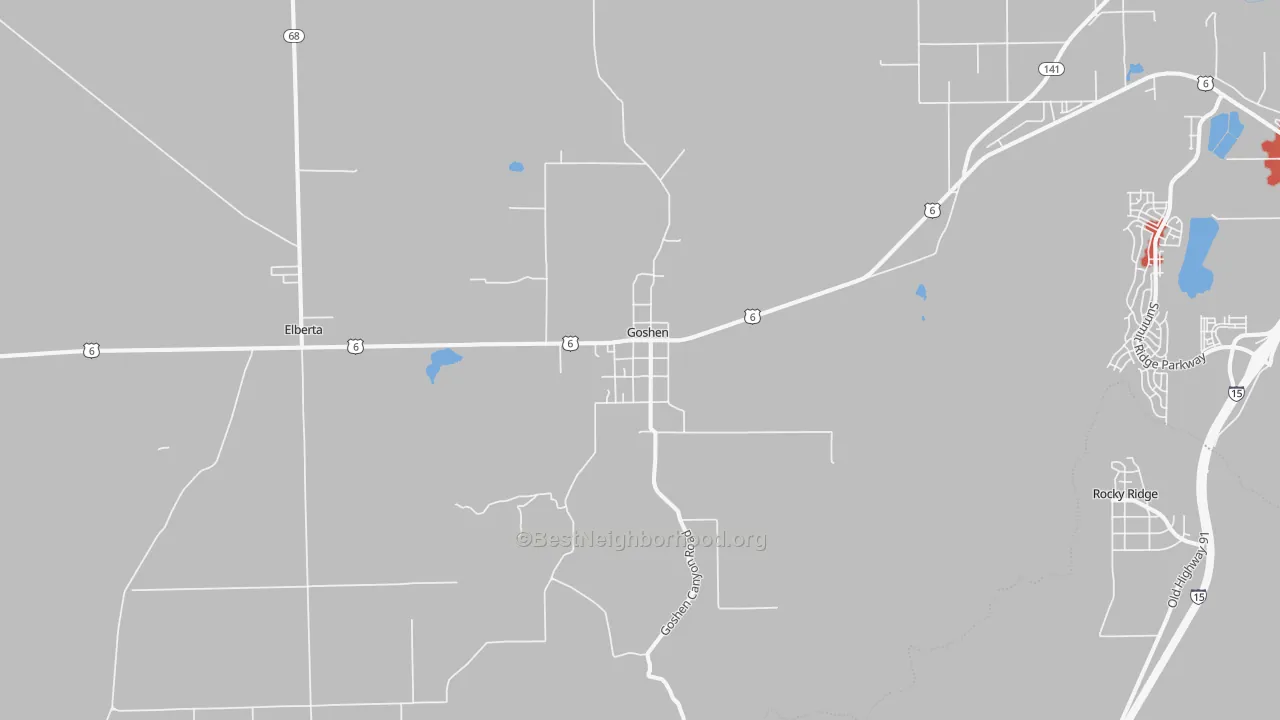 Walk Grade map of 84633, UT, walkable areas in green and car-dependent areas in red
