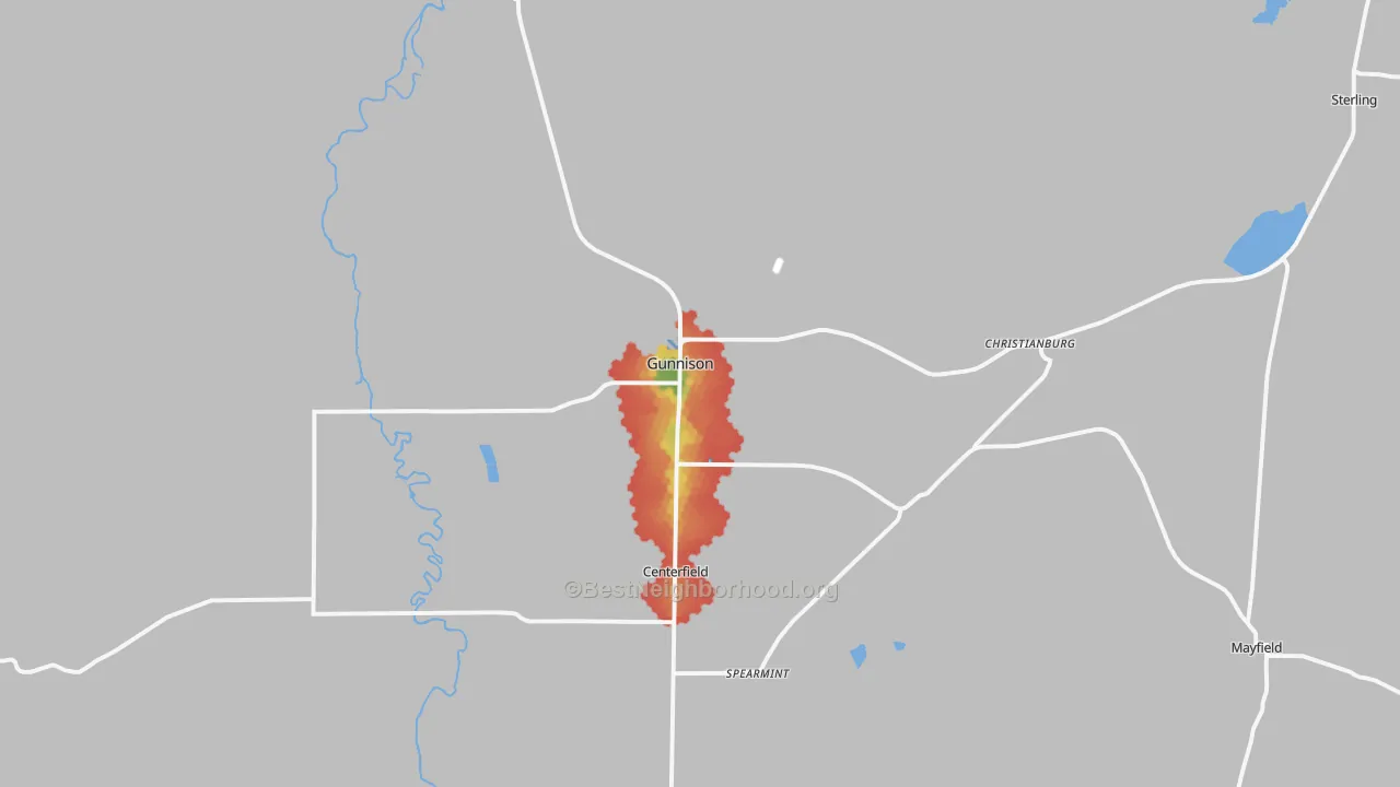 Walk Grade map of 84634, UT, walkable areas in green and car-dependent areas in red