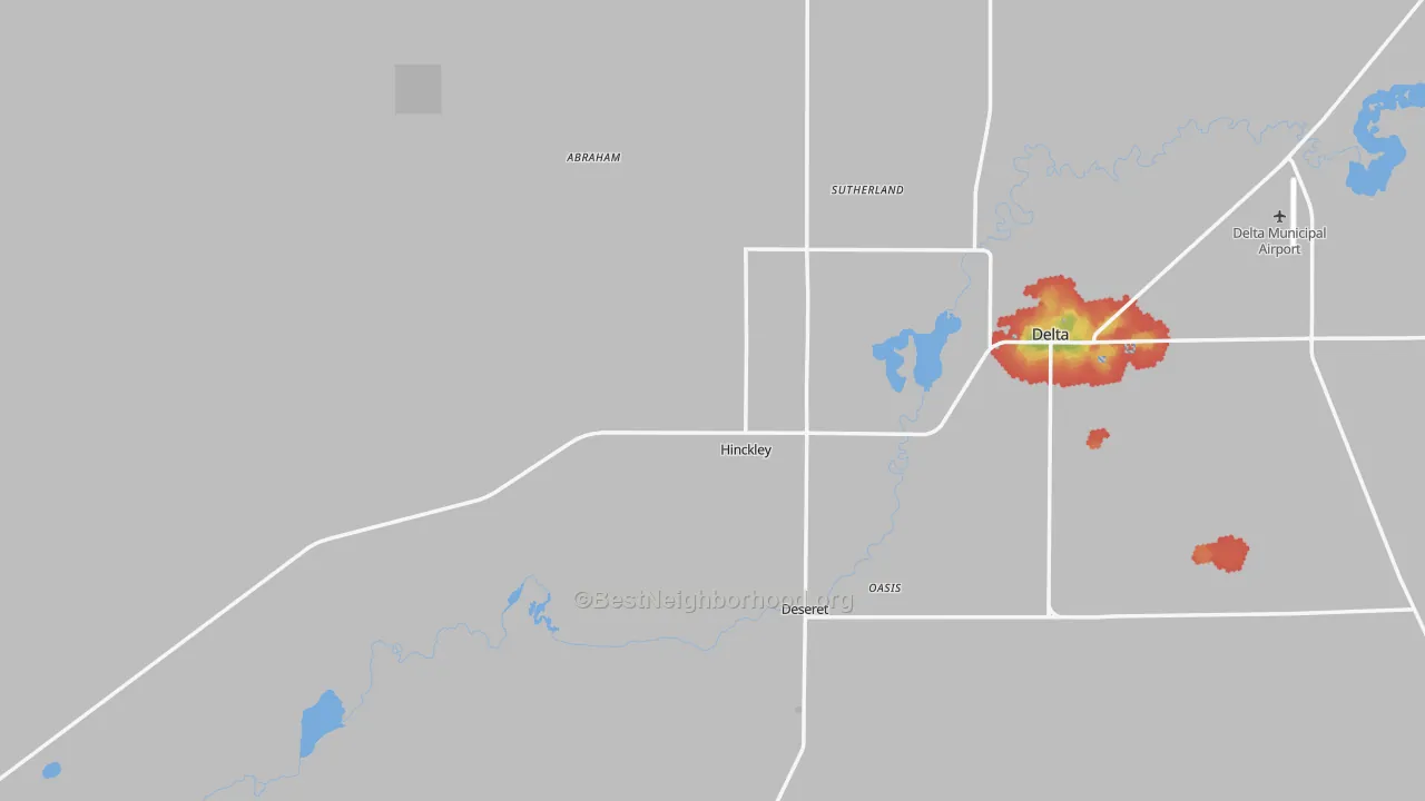 Walk Grade map of 84635, UT, walkable areas in green and car-dependent areas in red