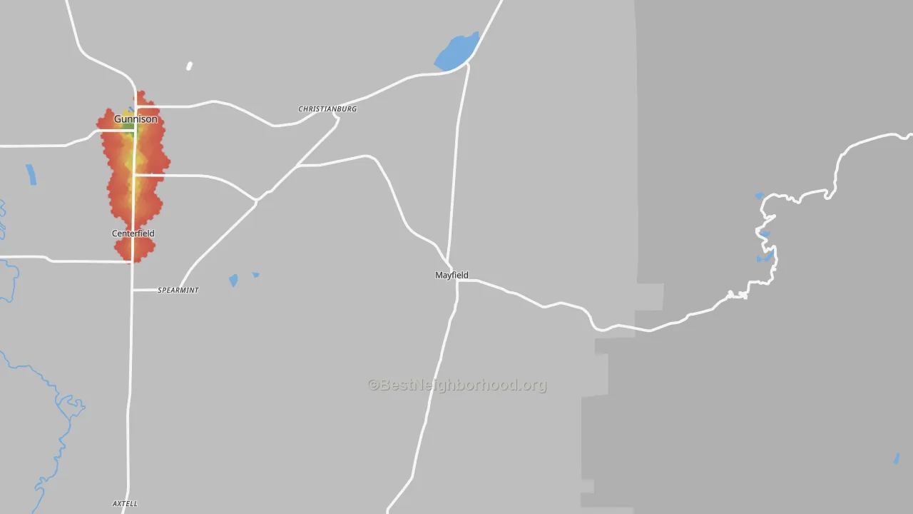 Walk Grade map of 84643, UT, walkable areas in green and car-dependent areas in red