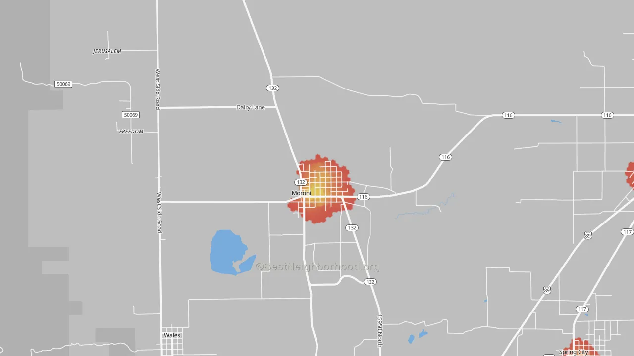 Walk Grade map of 84646, UT, walkable areas in green and car-dependent areas in red