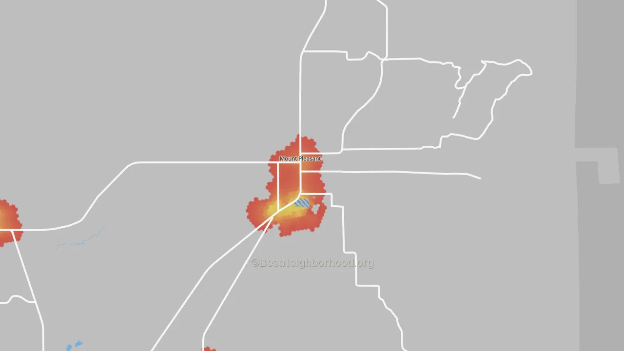 Walk Grade map of 84647, UT, walkable areas in green and car-dependent areas in red