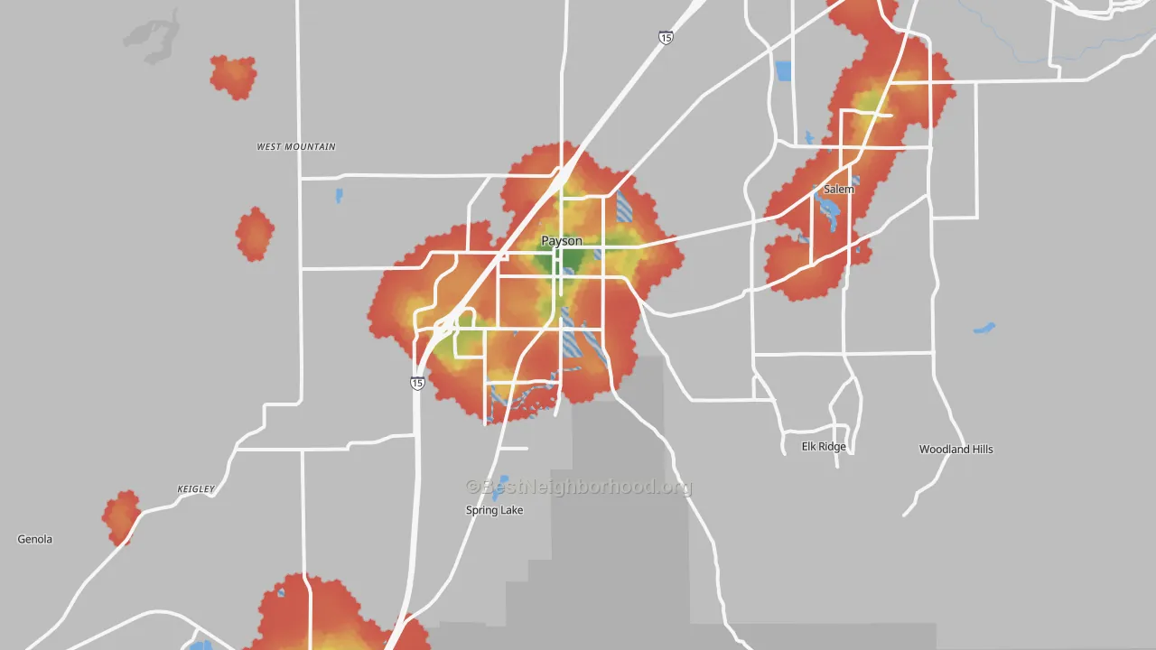 Walk Grade map of 84651, UT, walkable areas in green and car-dependent areas in red