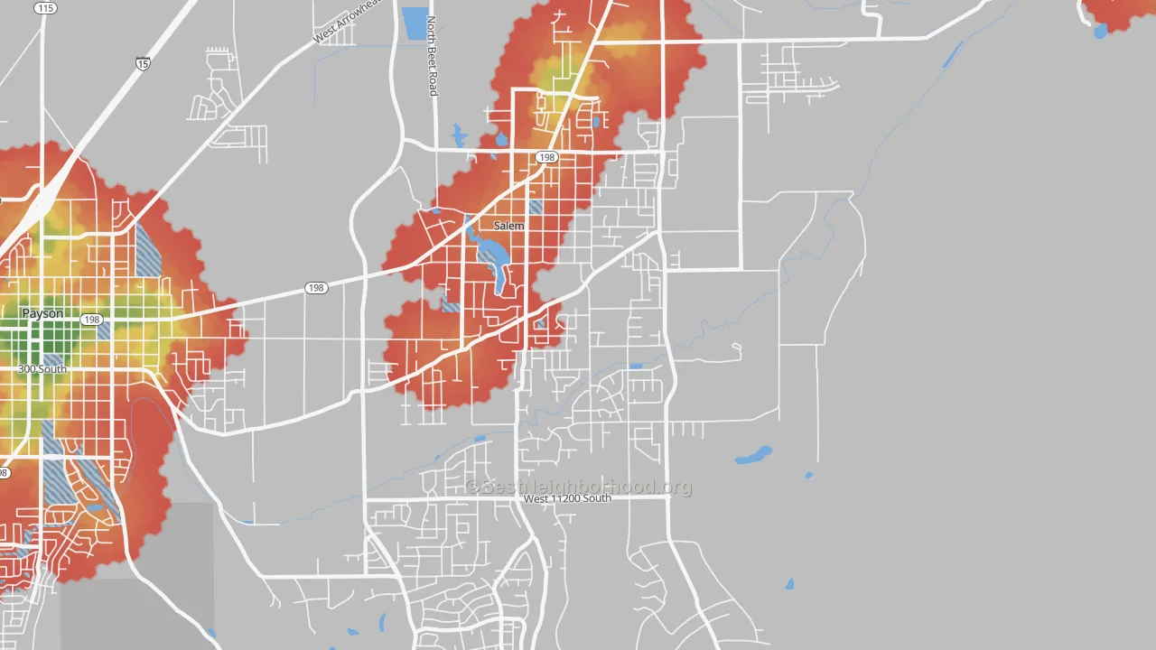Walk Grade map of 84653, UT, walkable areas in green and car-dependent areas in red