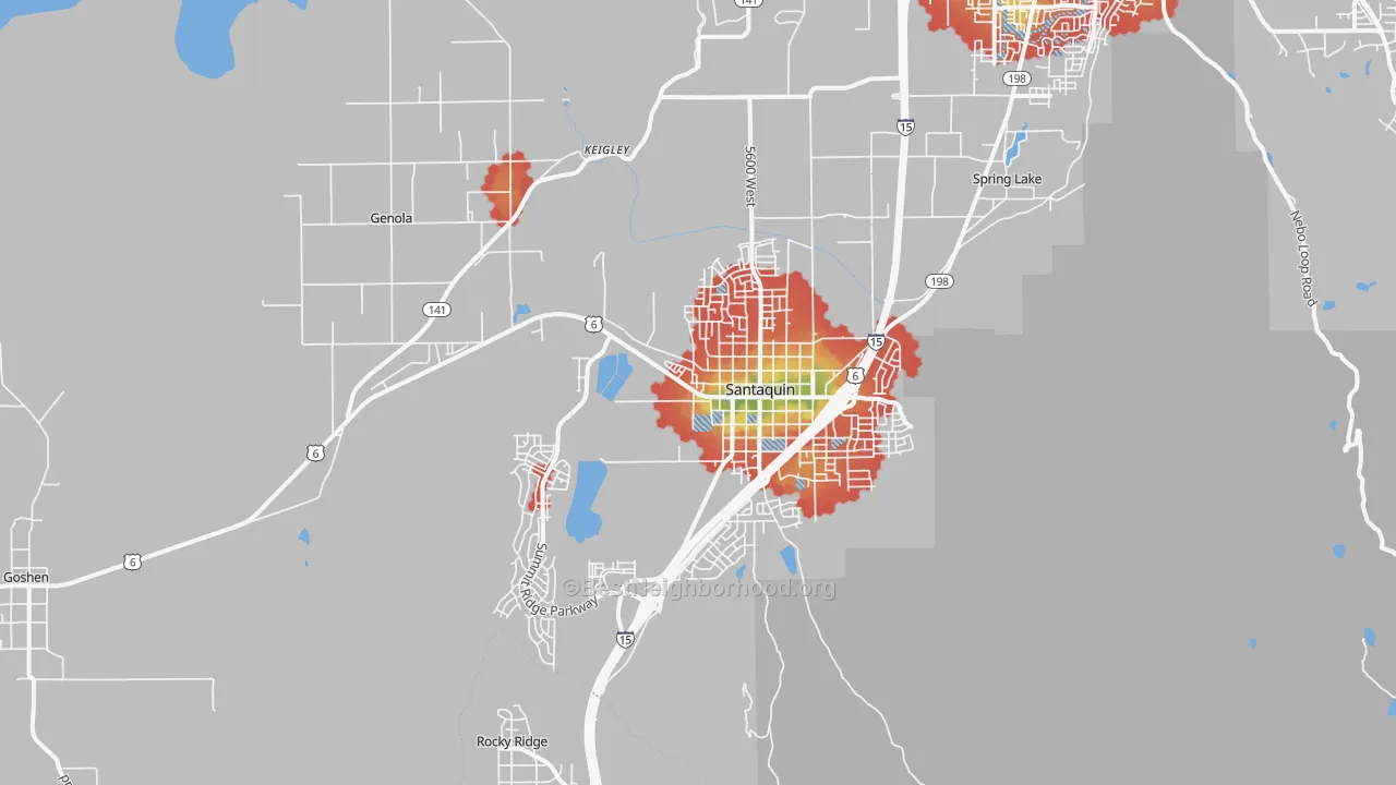 Walk Grade map of 84655, UT, walkable areas in green and car-dependent areas in red