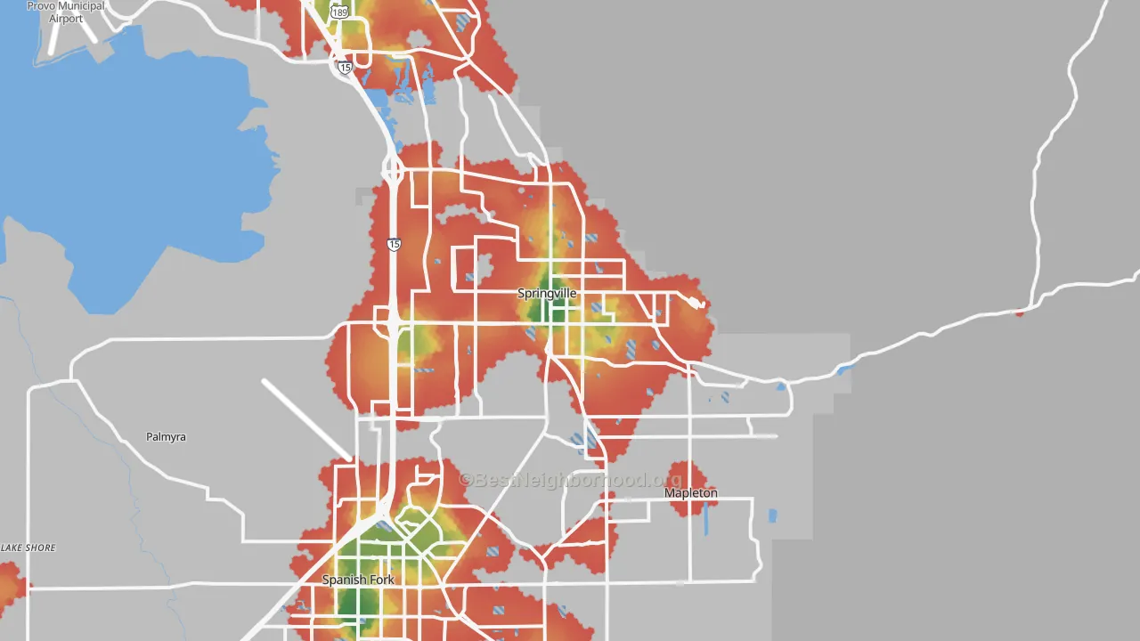 Walk Grade map of 84663, UT, walkable areas in green and car-dependent areas in red