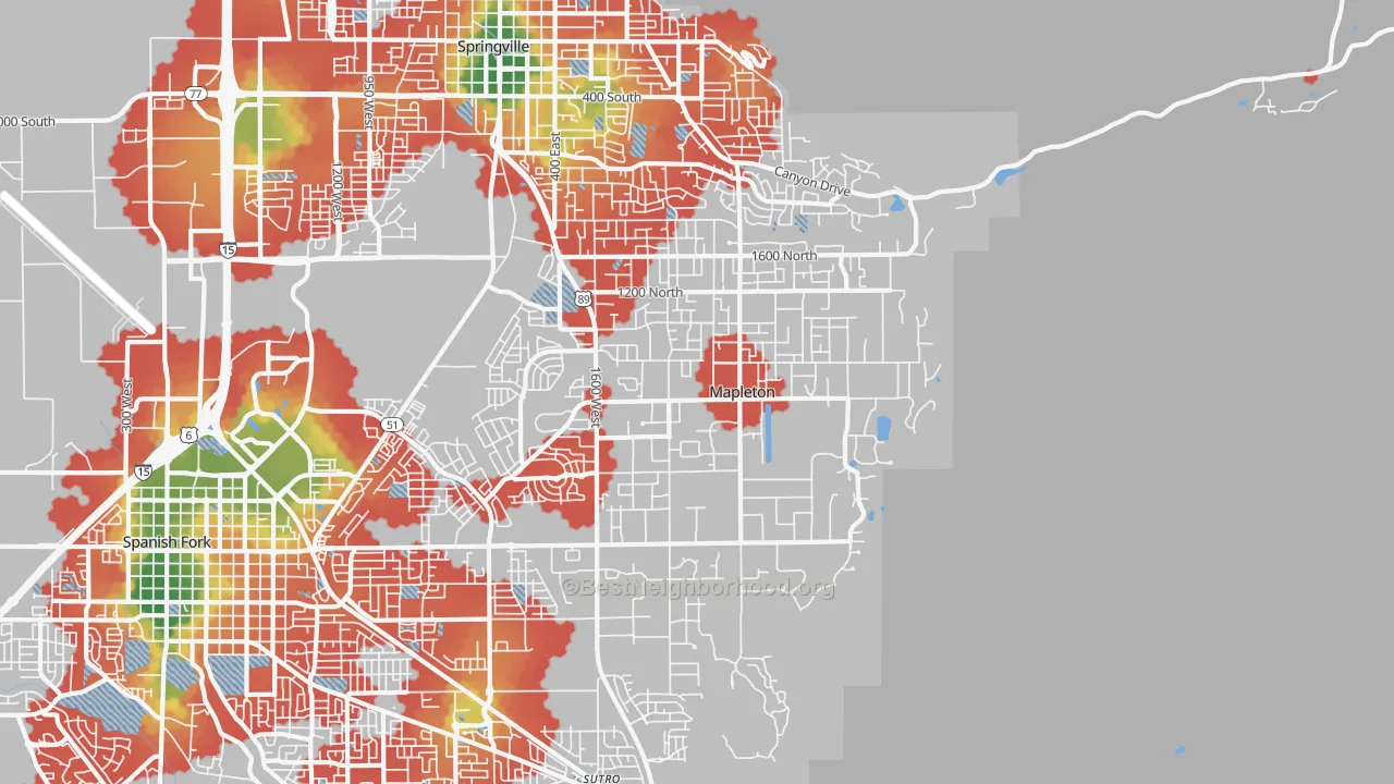 Walk Grade map of 84664, UT, walkable areas in green and car-dependent areas in red