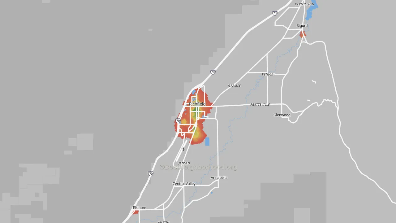 Walk Grade map of 84701, UT, walkable areas in green and car-dependent areas in red