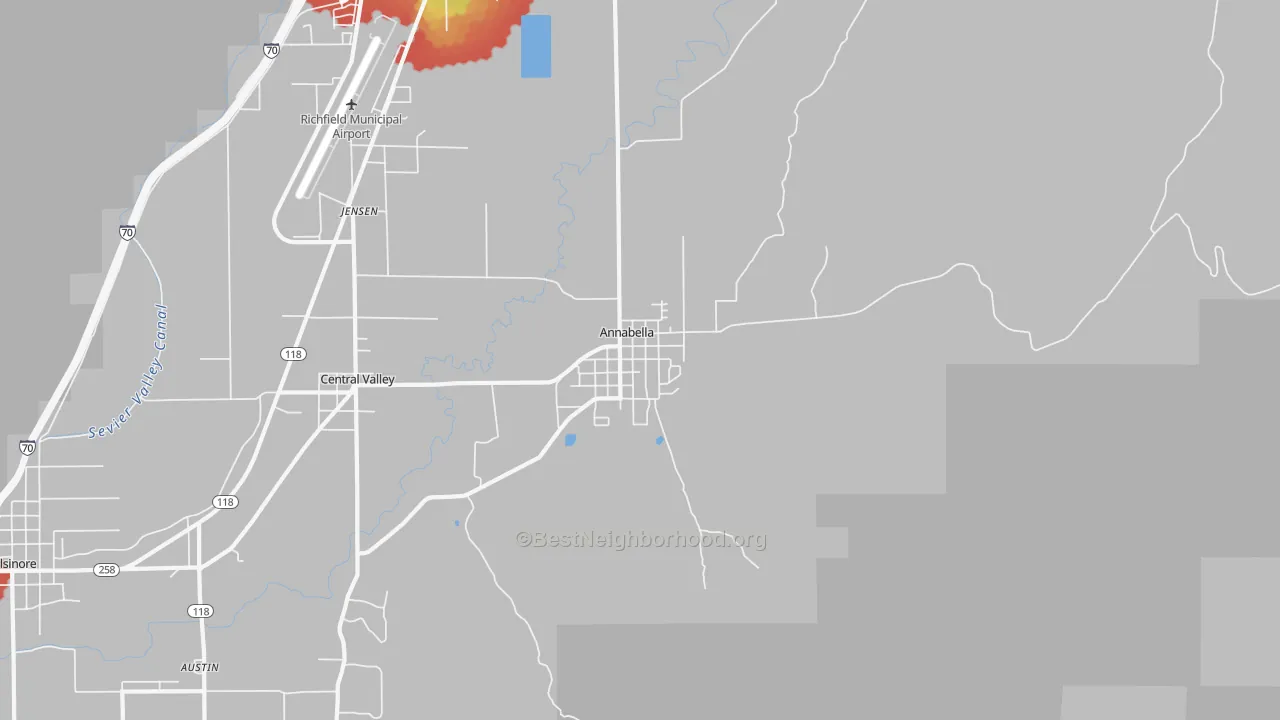 Walk Grade map of 84711, UT, walkable areas in green and car-dependent areas in red