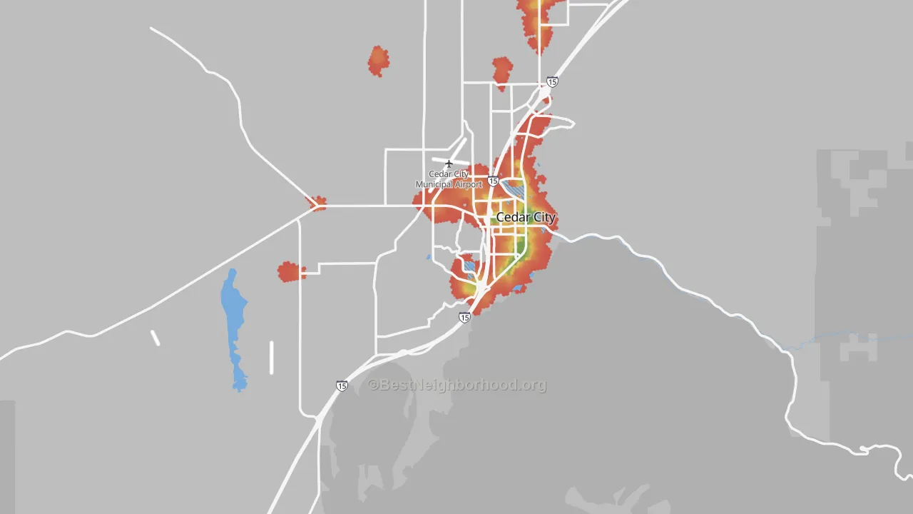 Walk Grade map of 84720, UT, walkable areas in green and car-dependent areas in red