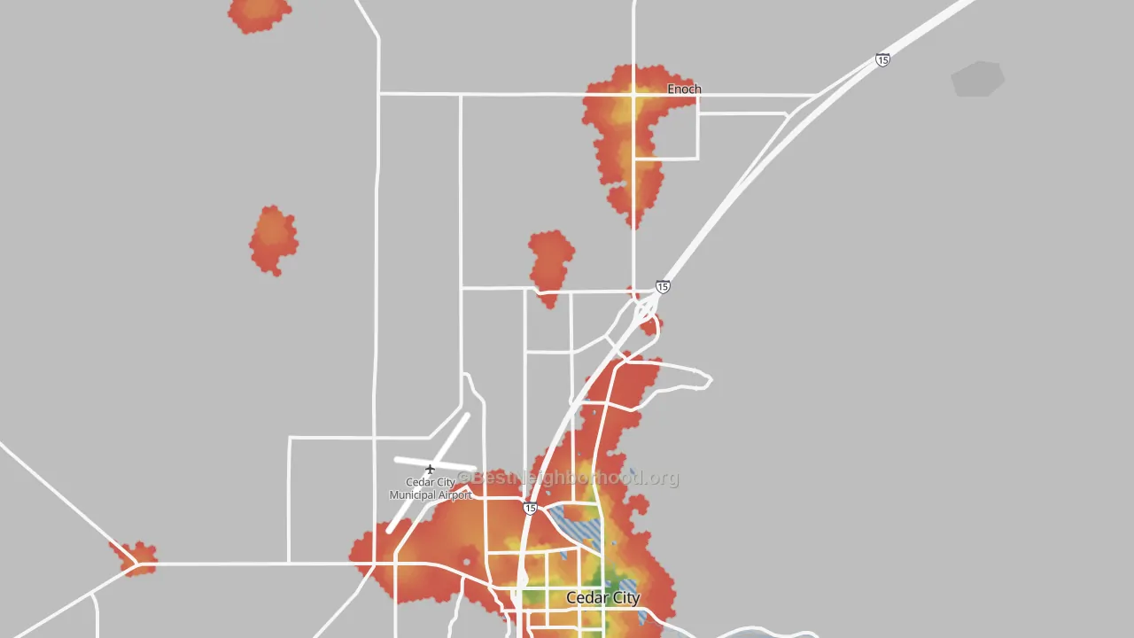 Walk Grade map of 84721, UT, walkable areas in green and car-dependent areas in red