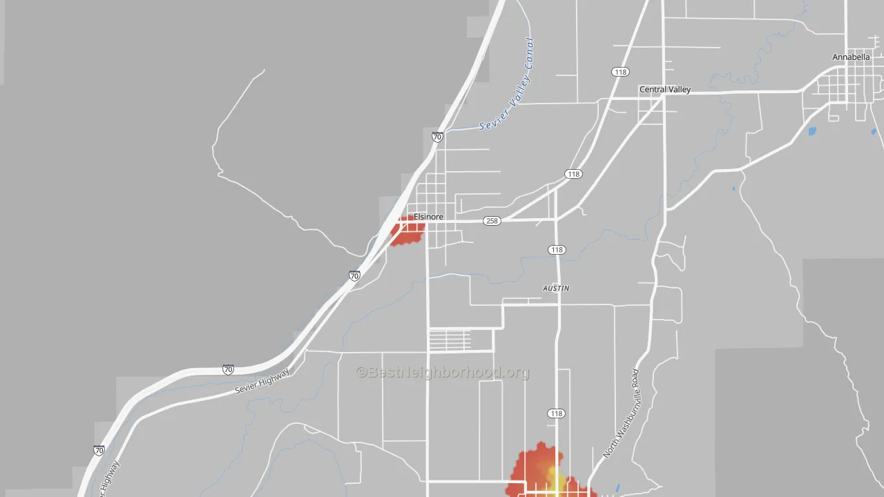 Walk Grade map of 84724, UT, walkable areas in green and car-dependent areas in red