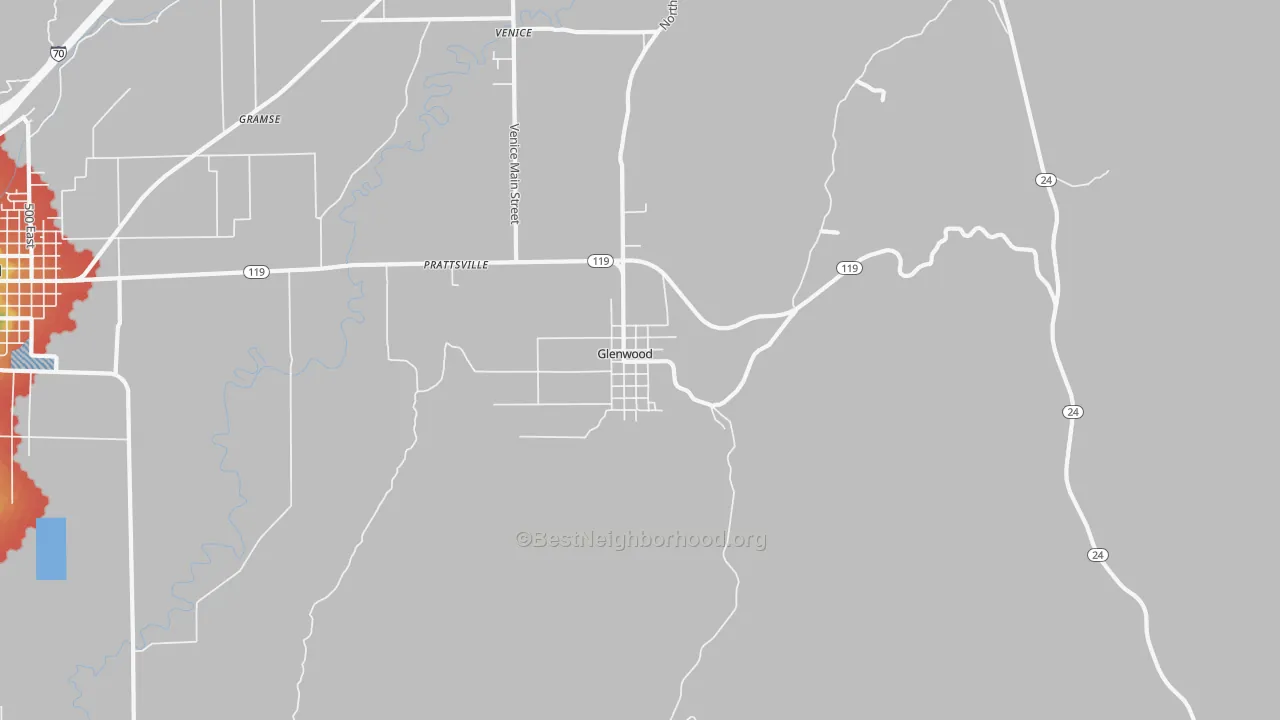 Walk Grade map of 84730, UT, walkable areas in green and car-dependent areas in red
