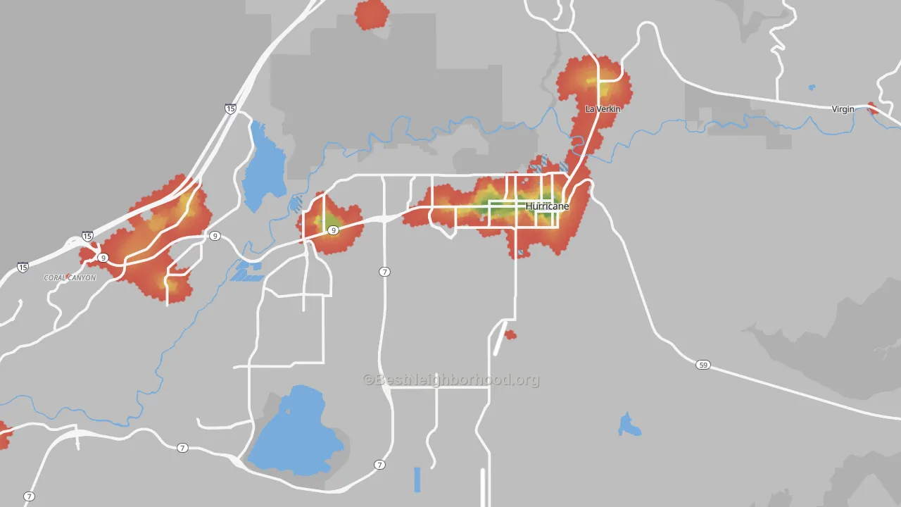 Walk Grade map of 84737, UT, walkable areas in green and car-dependent areas in red