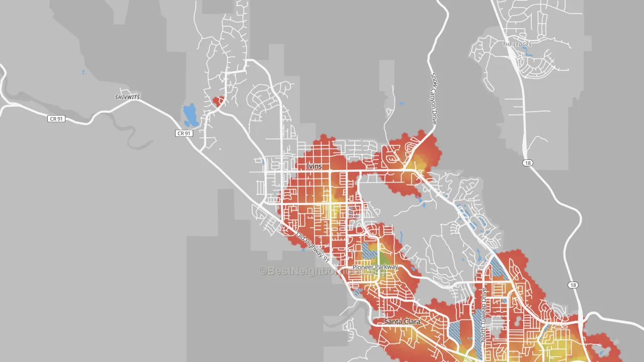 Walk Grade map of 84738, UT, walkable areas in green and car-dependent areas in red