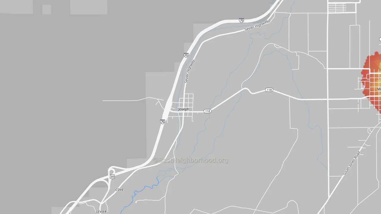 Walk Grade map of 84739, UT, walkable areas in green and car-dependent areas in red